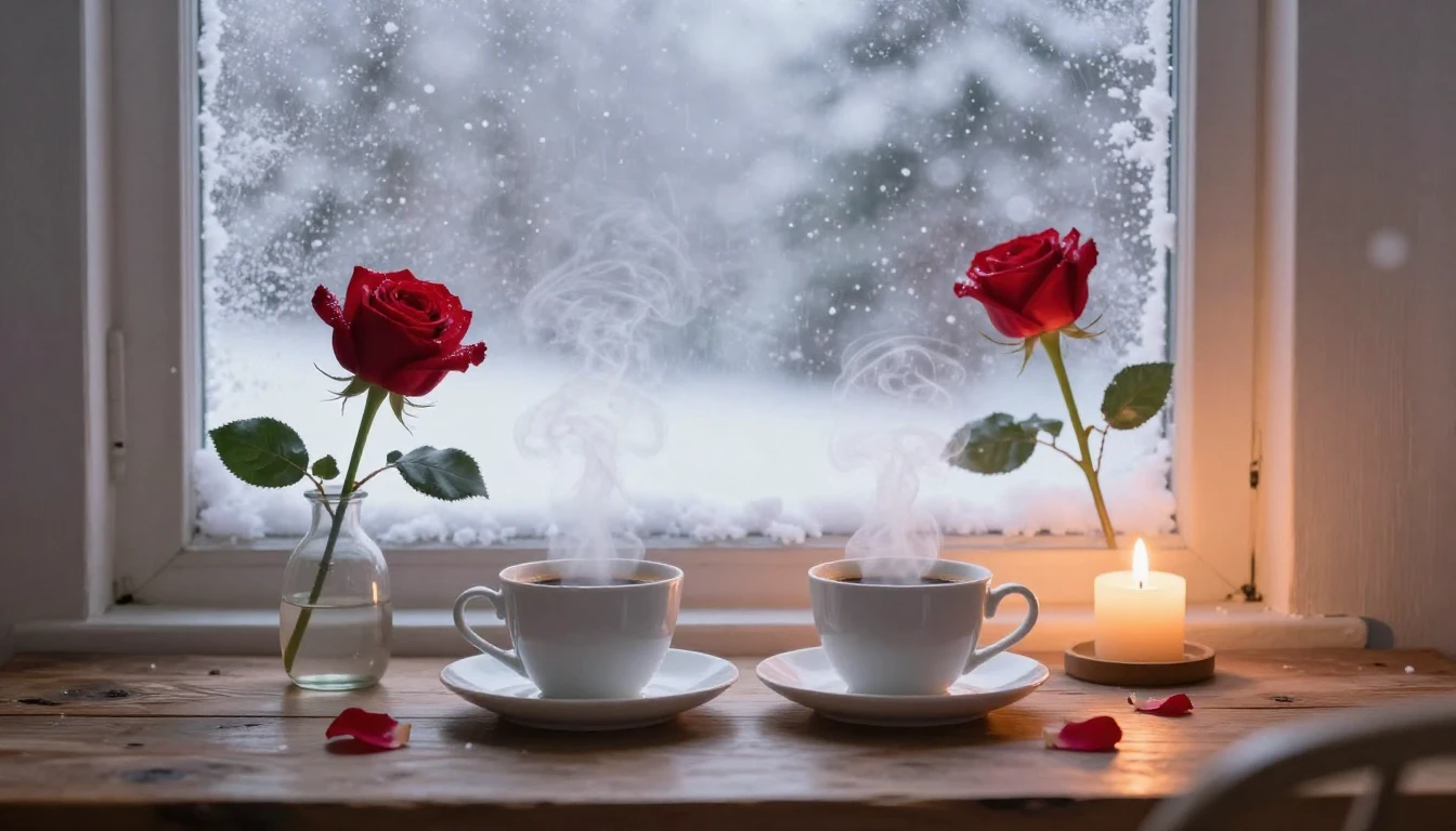 A romantic and cozy scene next to a frosted window with a vi...