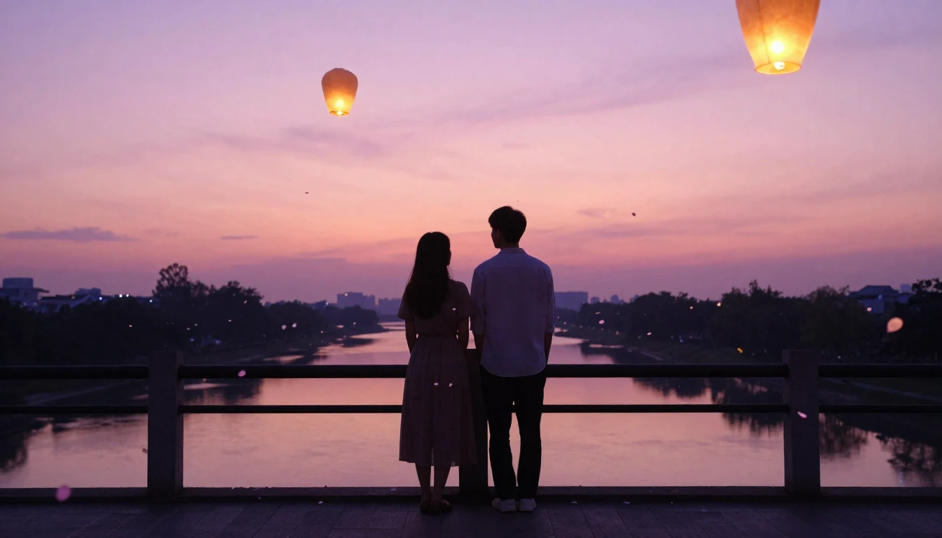 A dreamy and romantic scene featuring two silhouettes of lov...