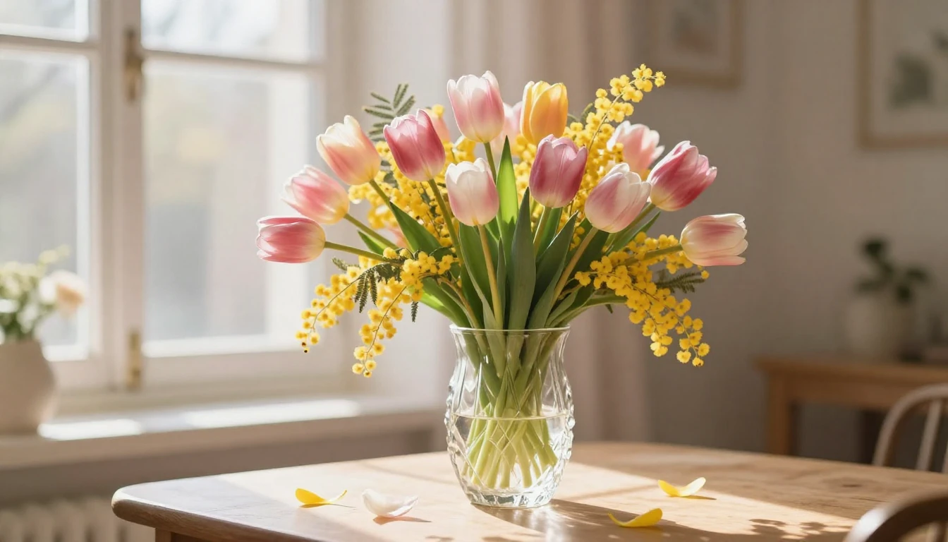 A breathtaking spring scene featuring a lush bouquet of tuli...