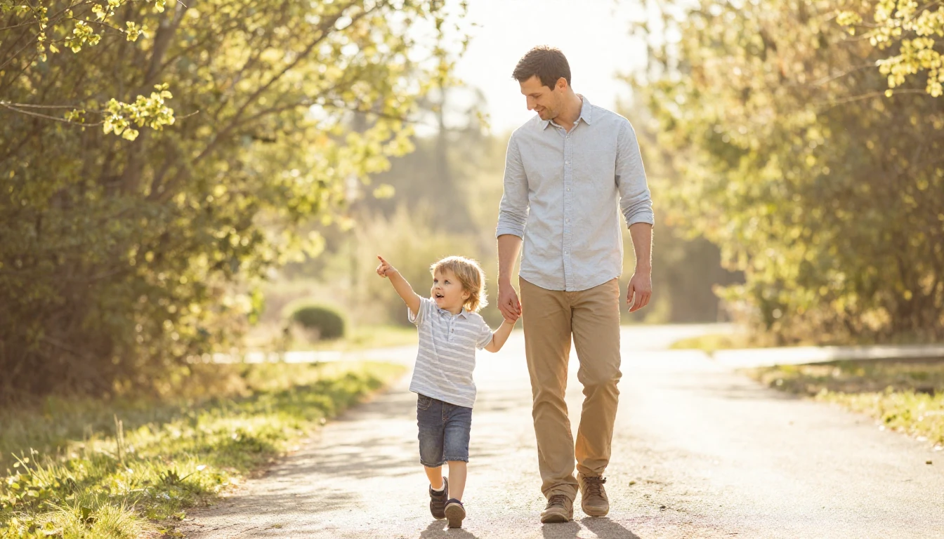 A heartwarming scene of a father and his young child walking...