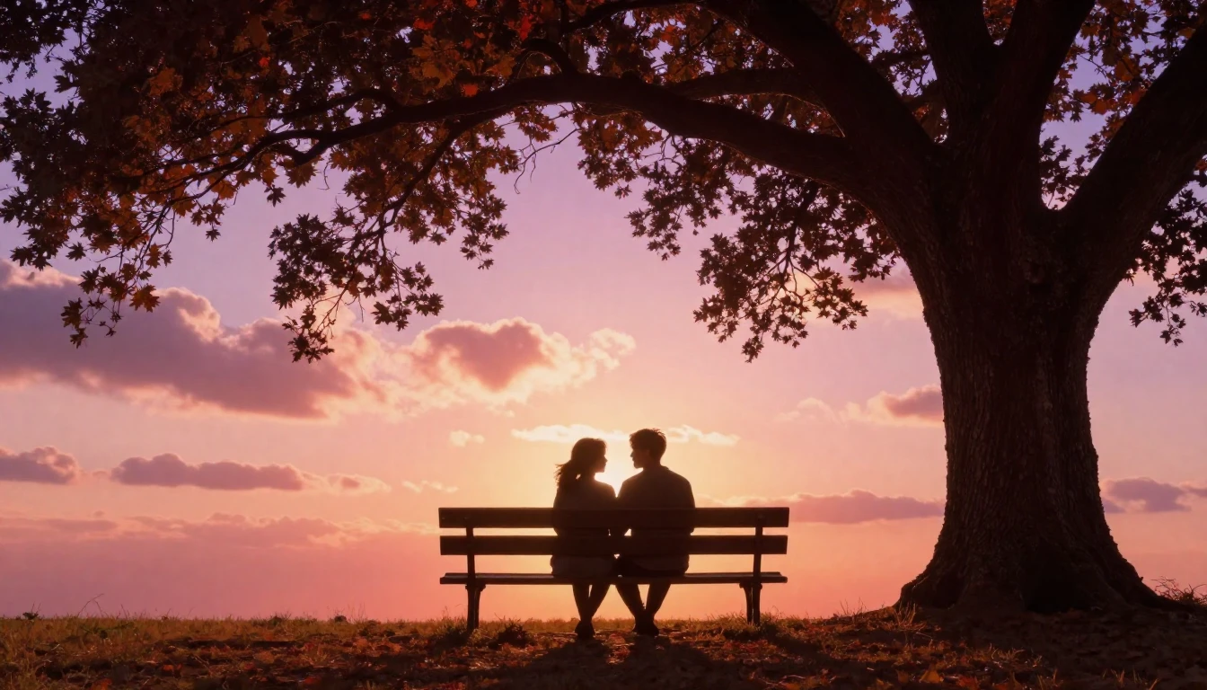 A romantic and dreamy scene featuring two silhouettes sittin...