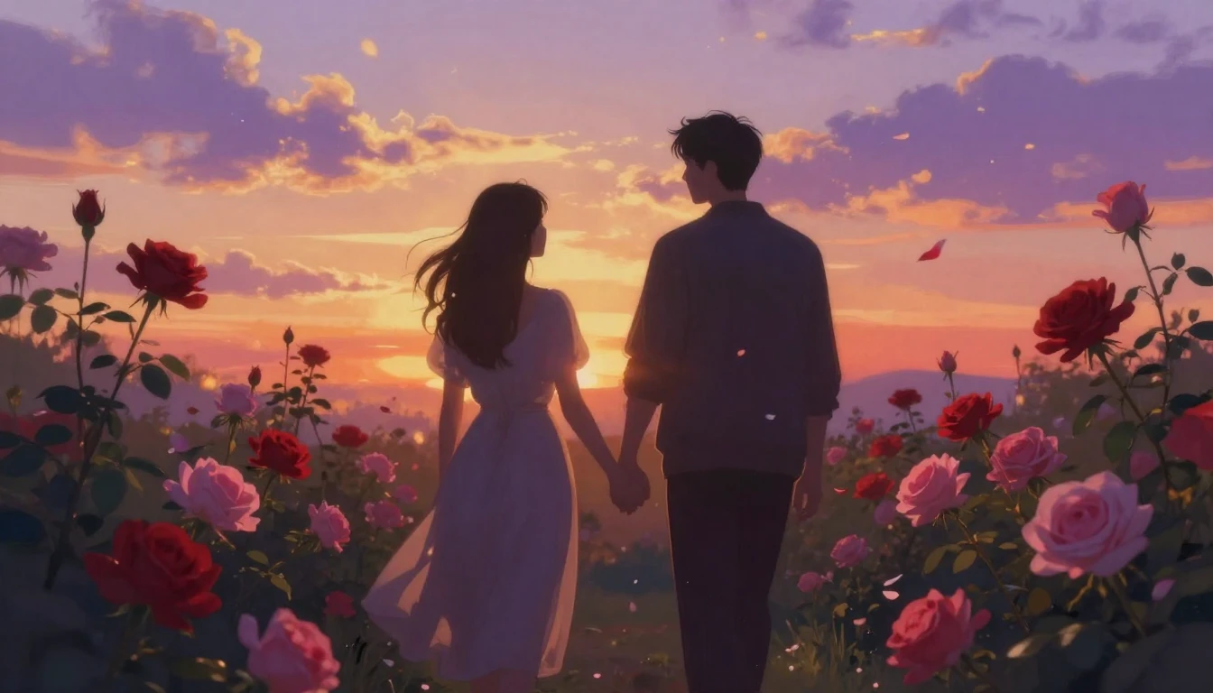 A dreamy and romantic scene featuring two silhouettes of peo...