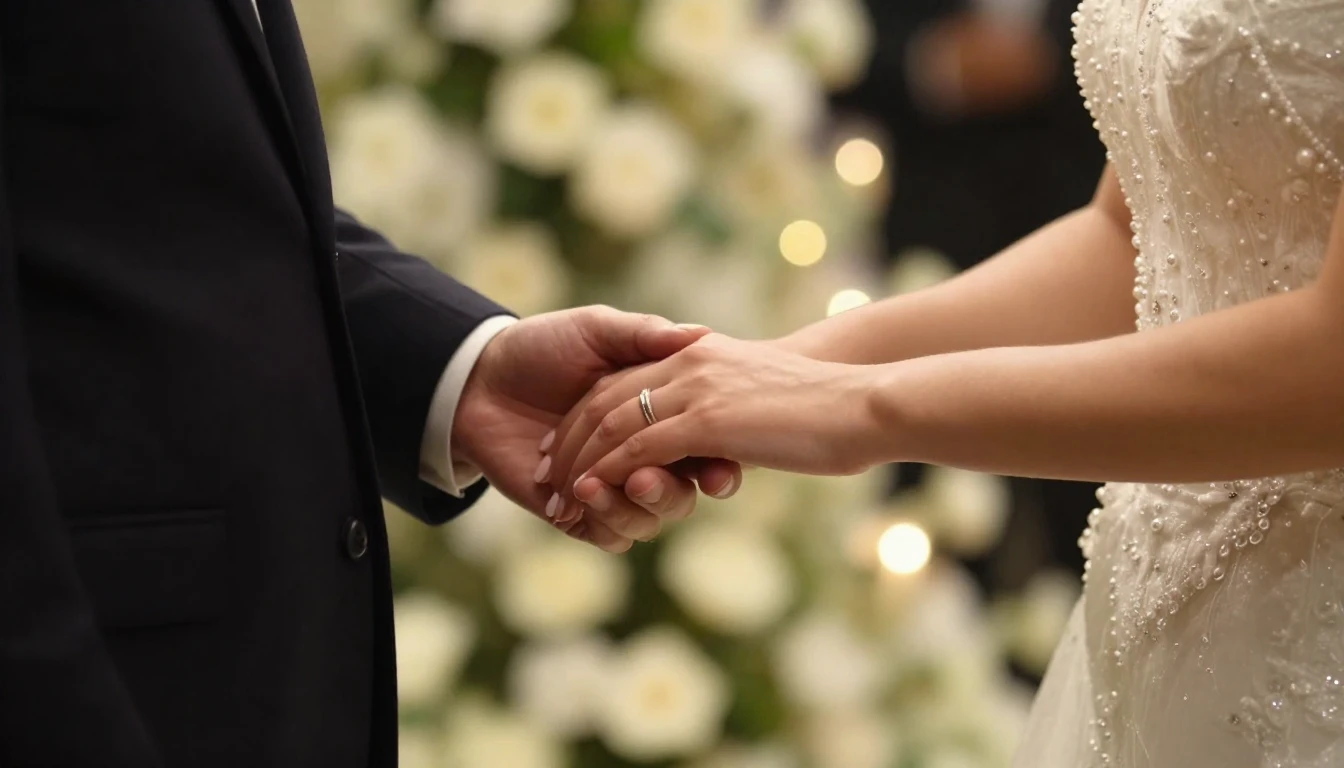 A cinematic close-up shot of a bride and groom holding hands...