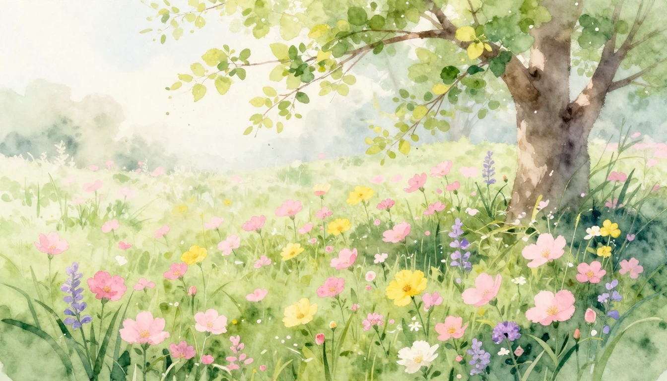 A delicate watercolor painting of a lush spring meadow fille...