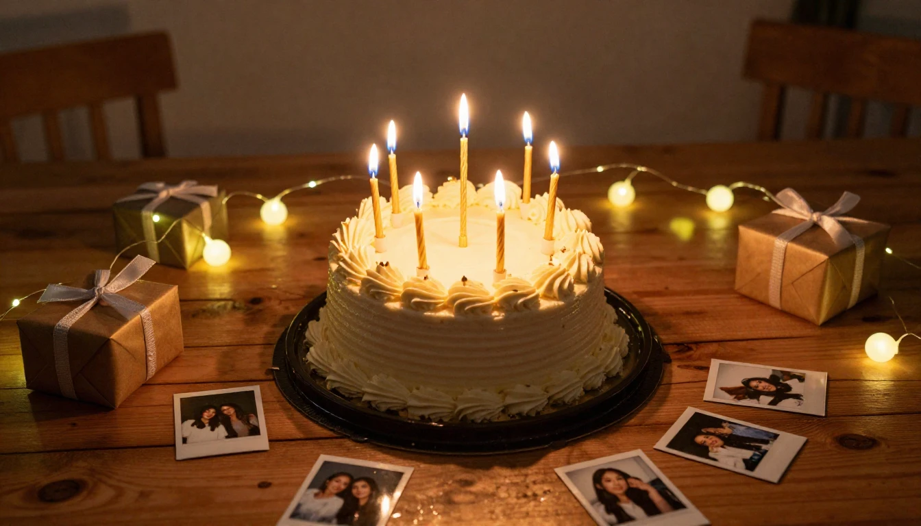 A beautiful birthday cake with lit candles on a rustic woode...