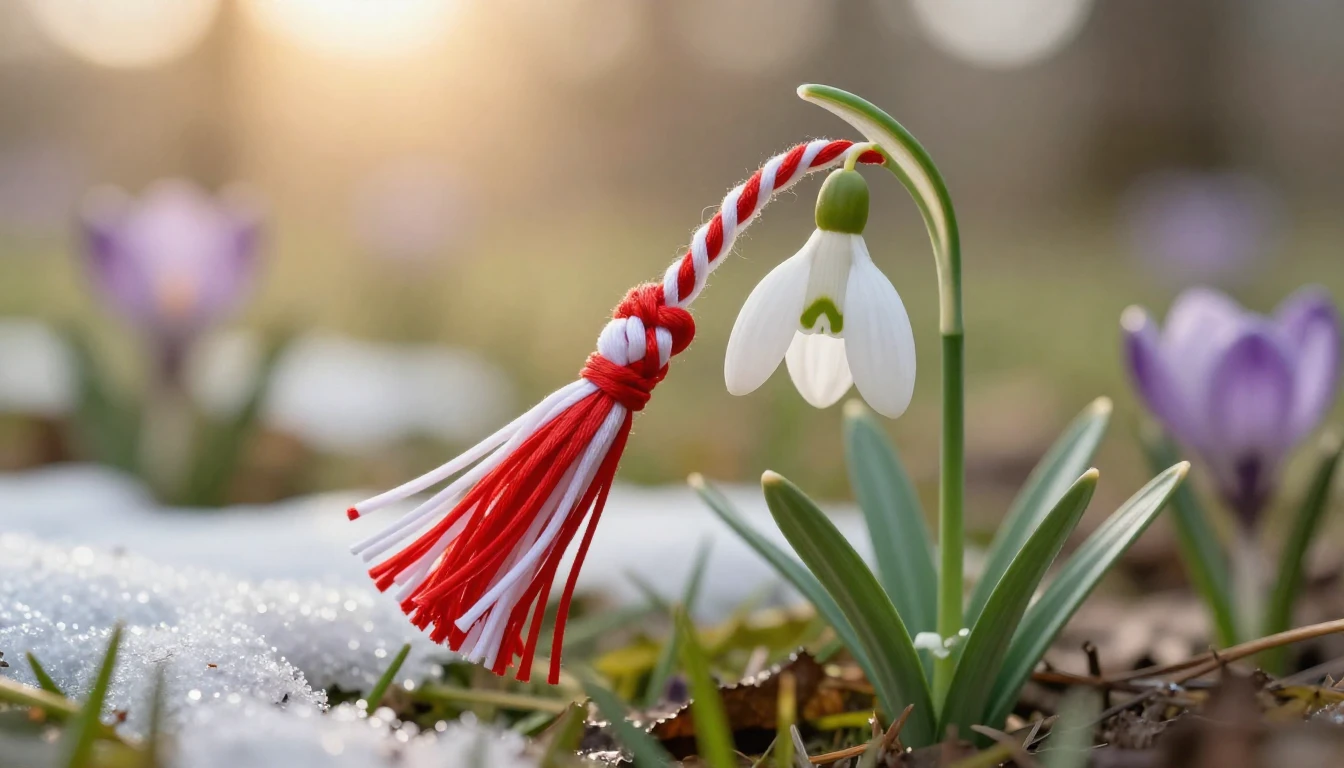 A close-up, artistic composition of a traditional Mărțișor t...