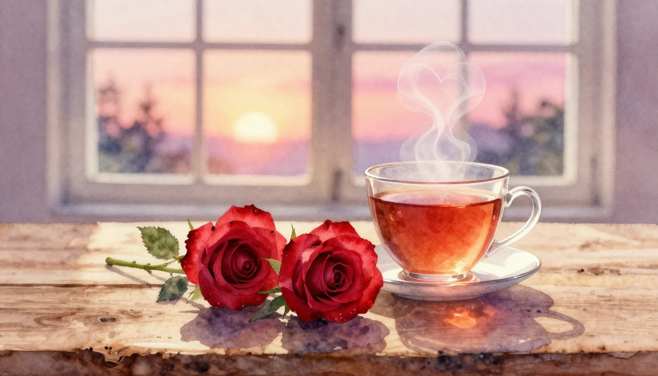 A soft watercolor painting depicting two delicate red roses ...