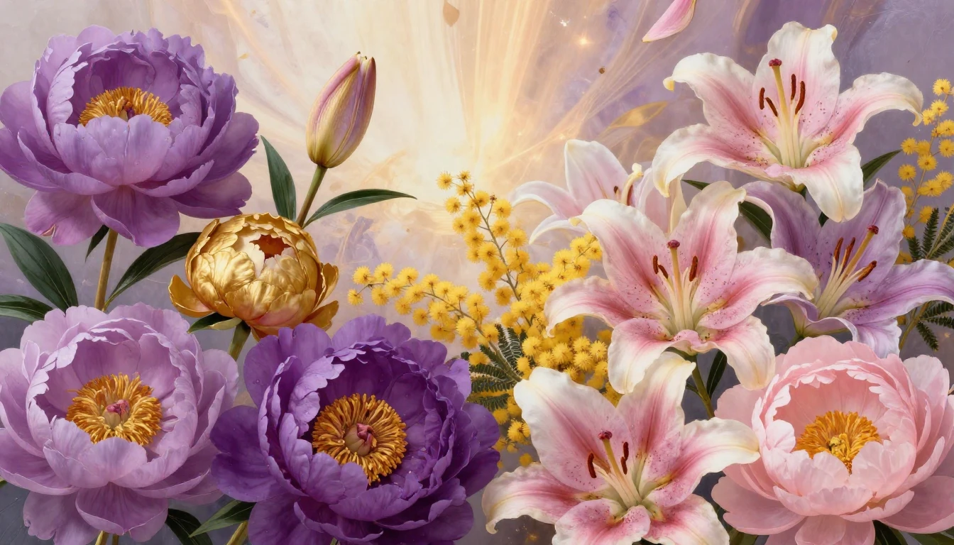 A vibrant and artistic composition featuring a variety of bl...