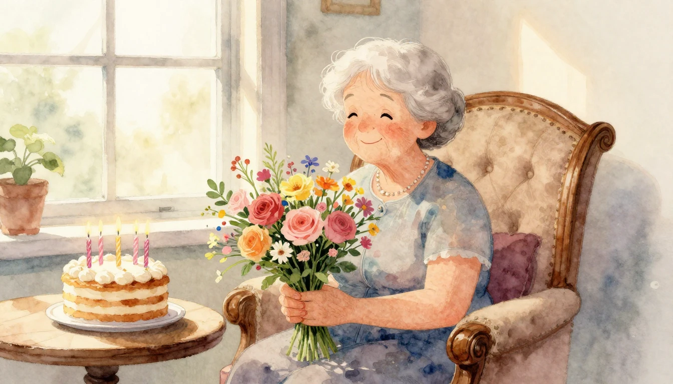 A heartwarming watercolor illustration of a kind grandmother...