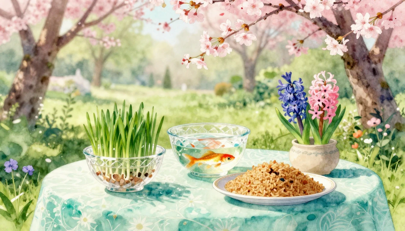 A vibrant watercolor painting of a traditional Haft-sin tabl...