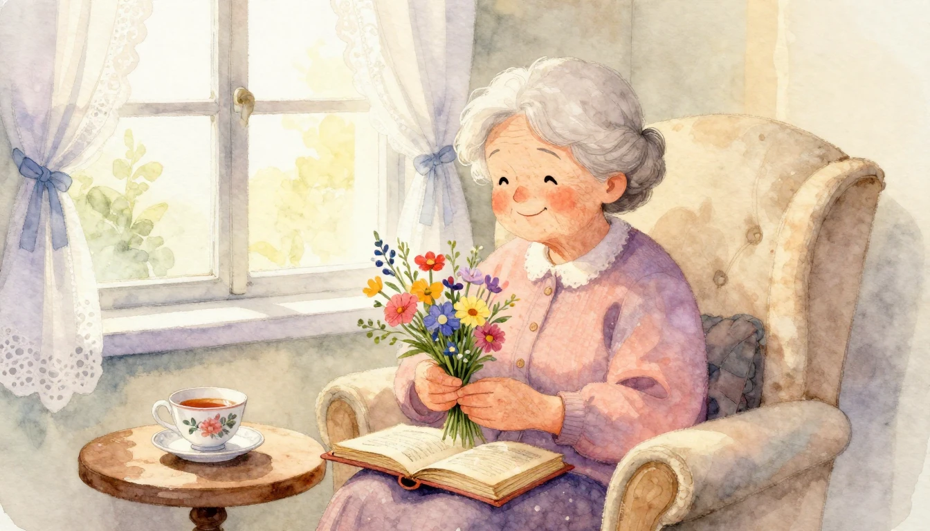 A heartwarming watercolor illustration of a kind elderly gra...