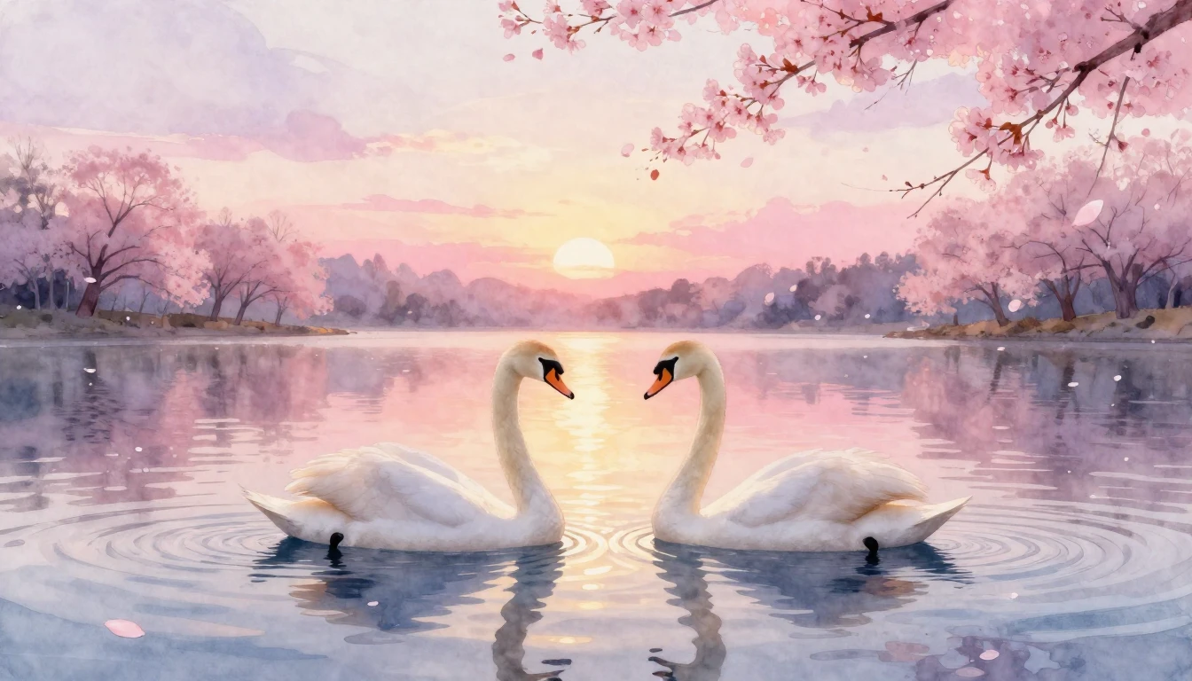A beautiful watercolor painting of two elegant swans gliding...