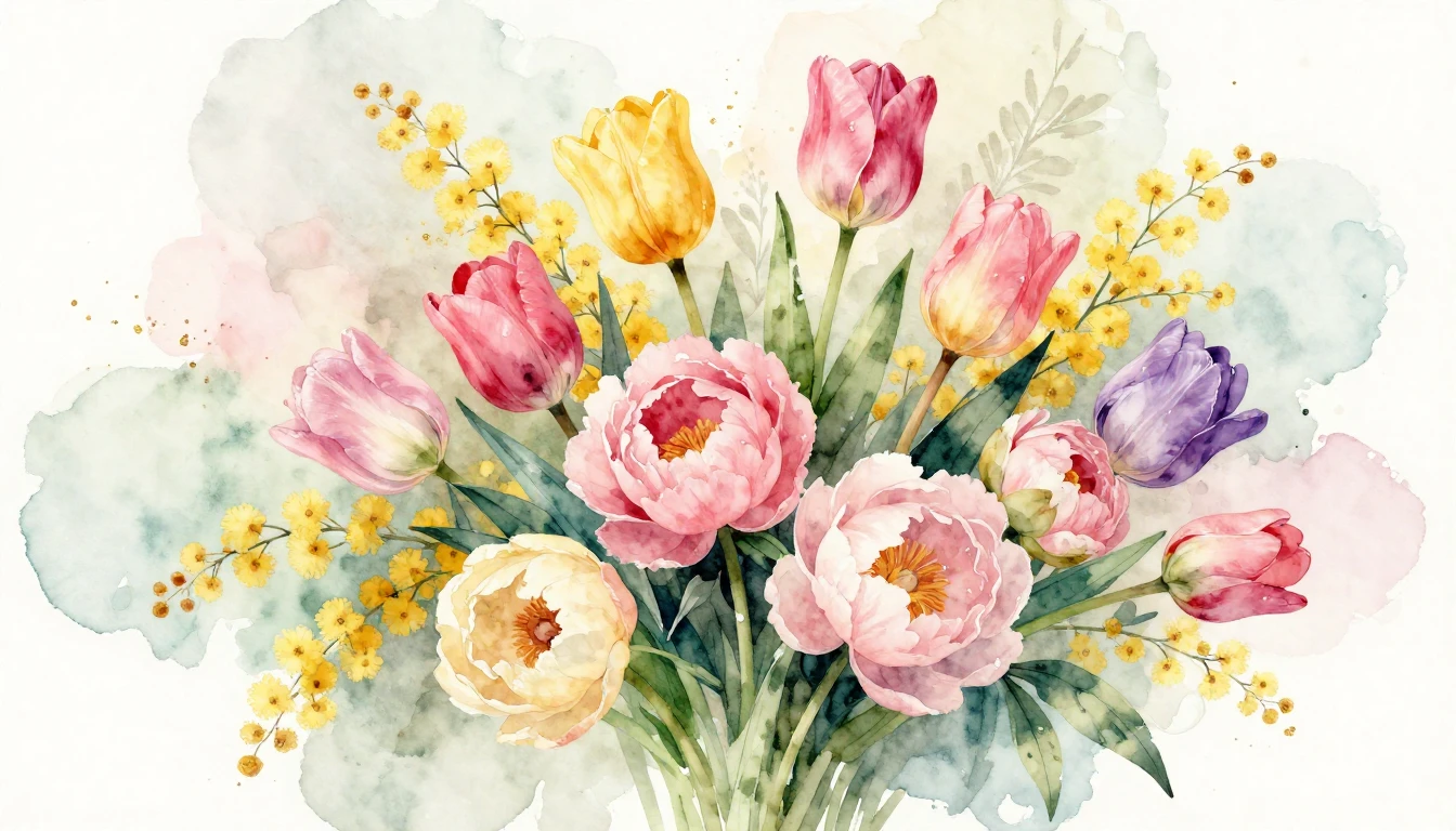 A beautiful watercolor painting of a lush spring bouquet fea...