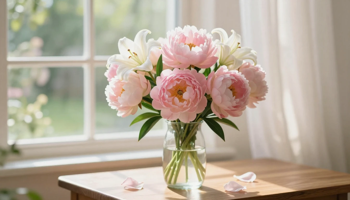 A beautiful and delicate bouquet of pink peonies and white l...
