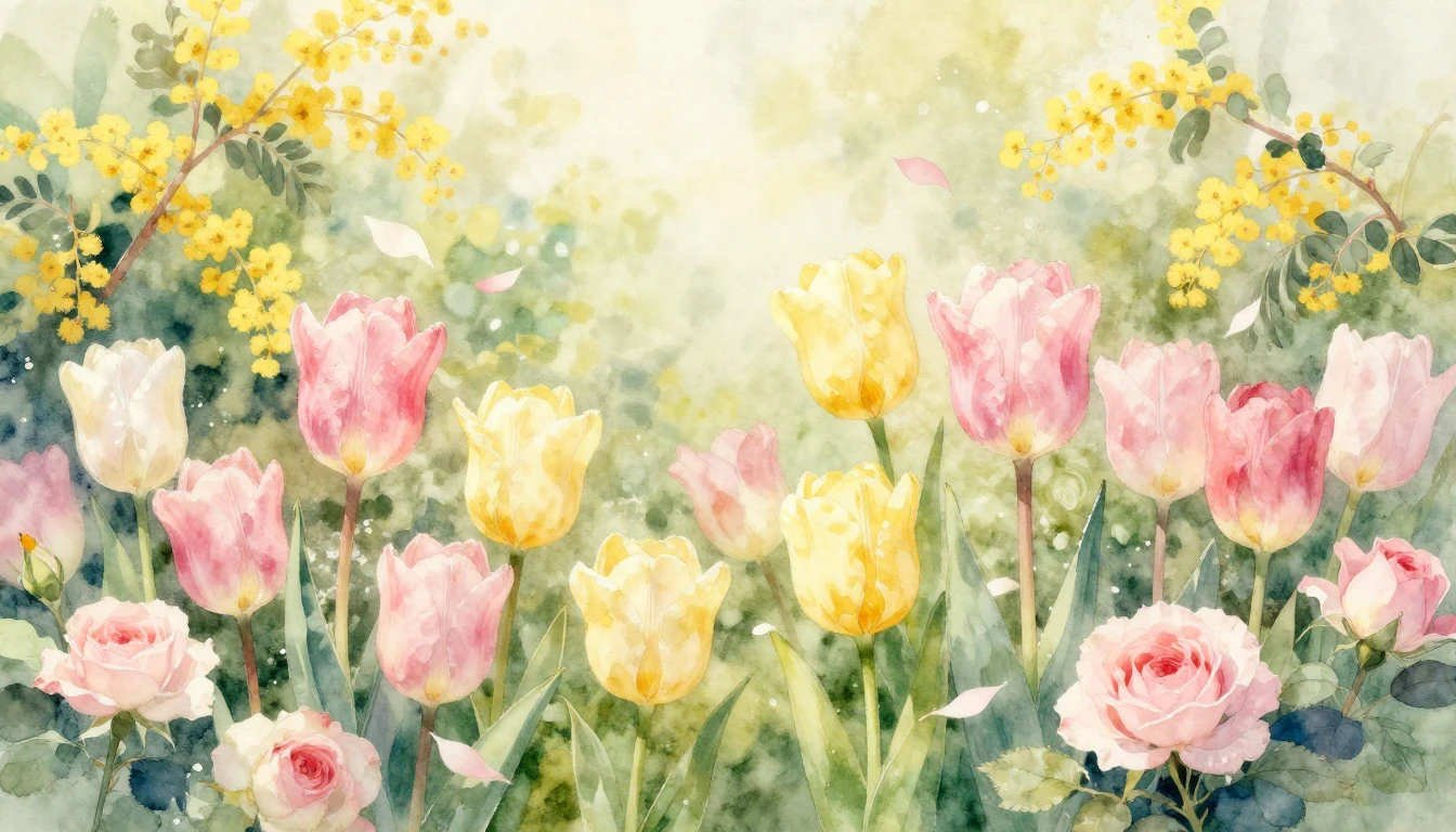 A beautiful watercolor painting of a lush spring garden fill...