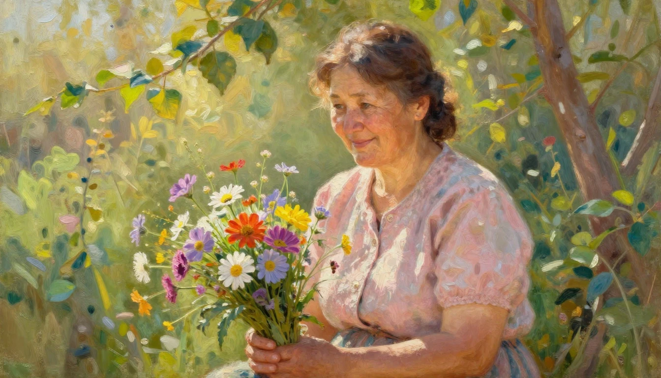 A heartwarming oil painting of a kind, middle-aged Kazakh mo...
