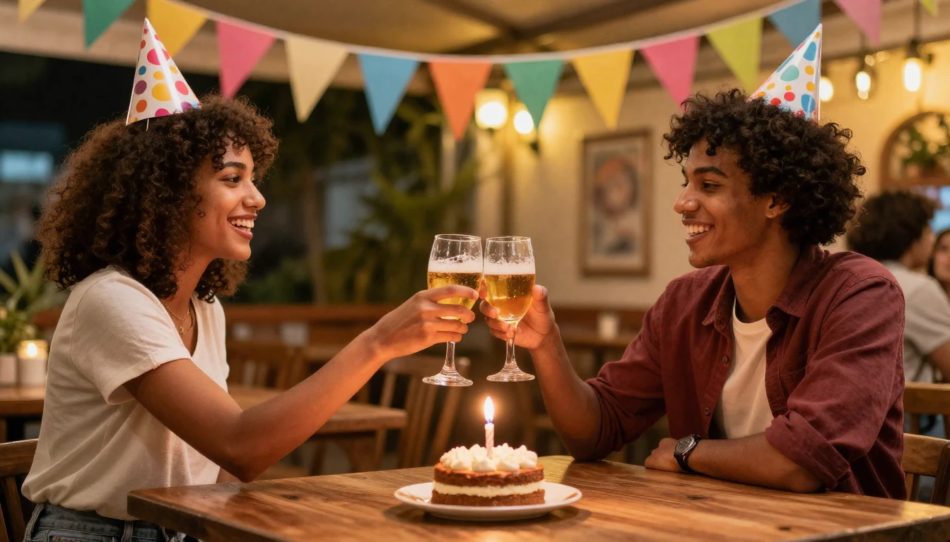 A vibrant and cheerful birthday party scene. Two friends cli...