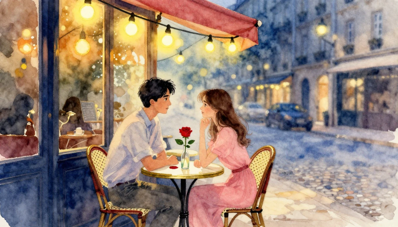 A romantic watercolor painting of a couple sitting at a smal...