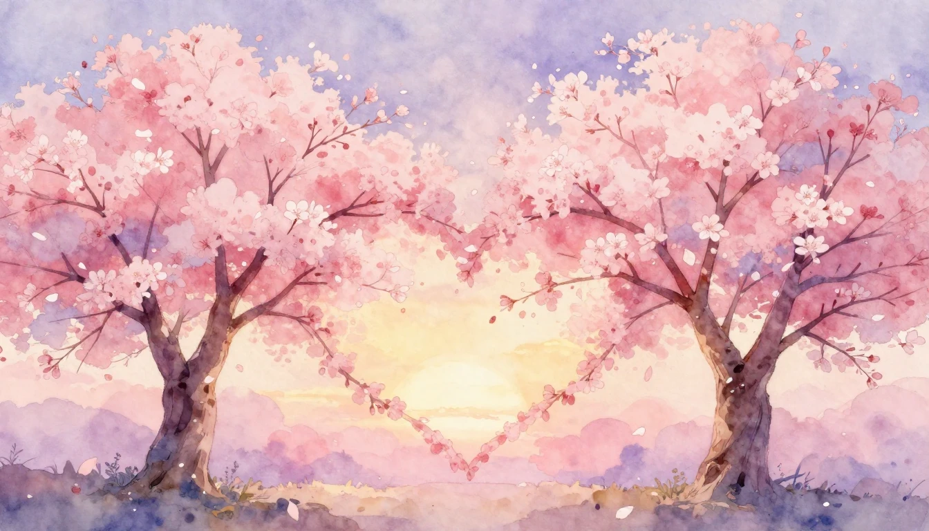 A soft watercolor painting of two intertwined cherry blossom...