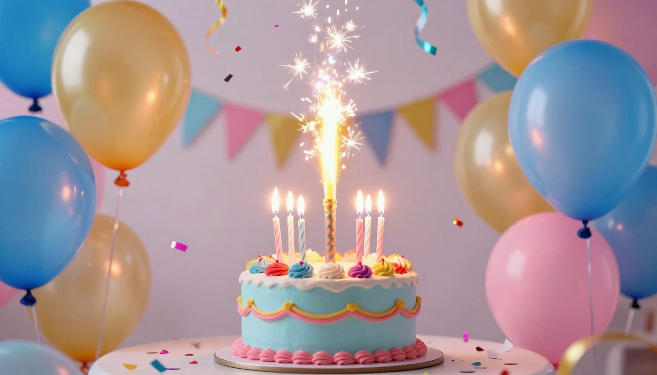 A vibrant and festive birthday celebration concept. Center f...