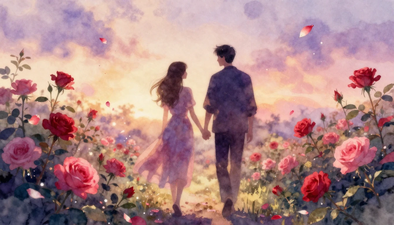 A delicate watercolor painting of two silhouettes walking th...