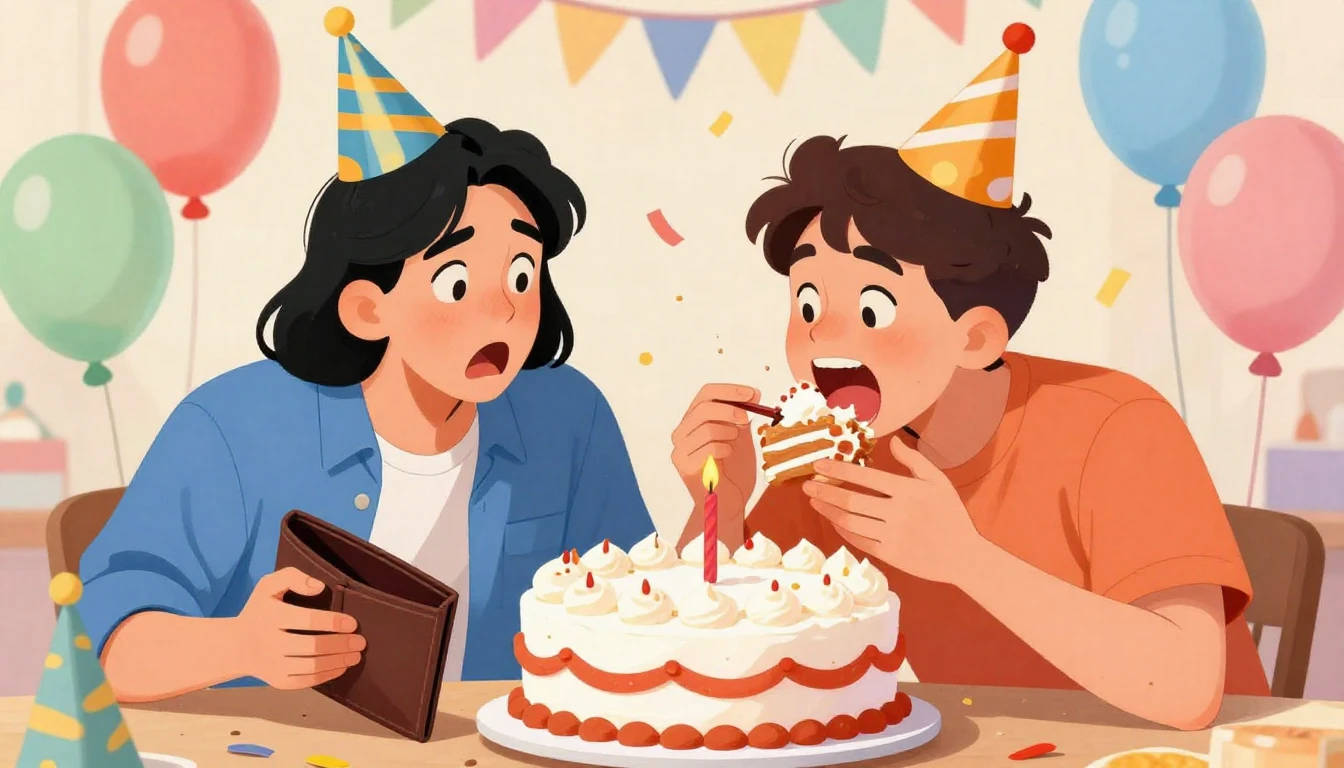 A funny illustration of two friends celebrating a birthday p...