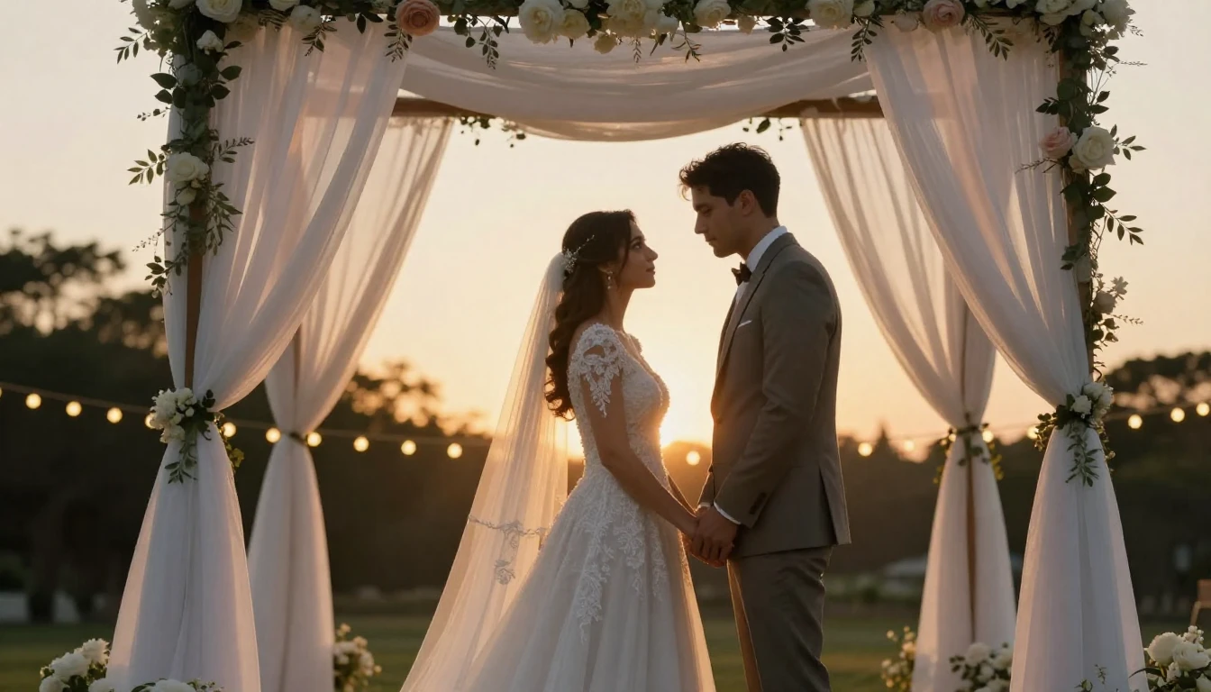 Cinematic wide shot of a bride and groom standing under a wh...