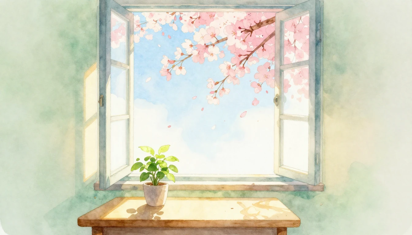 A beautiful watercolor painting of a bright, sunlit room wit...
