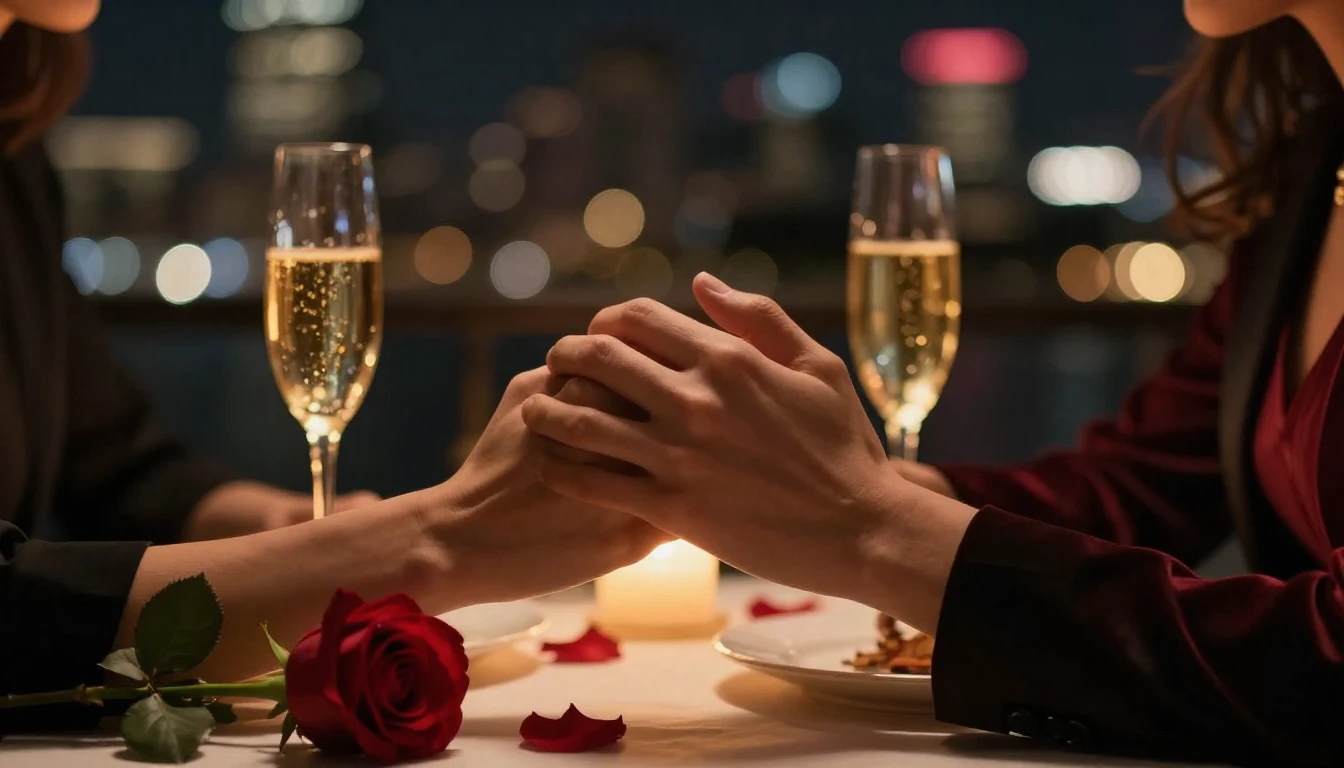 A romantic, intimate scene featuring two hands gently claspi...