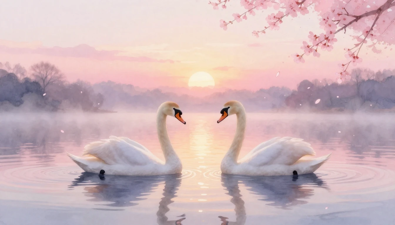 A dreamy watercolor painting of two elegant swans gliding on...
