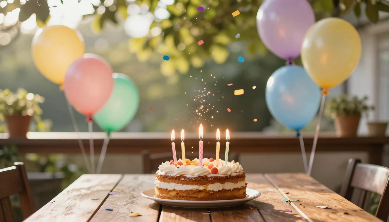 A warm and inviting birthday party scene on a sunny afternoo...