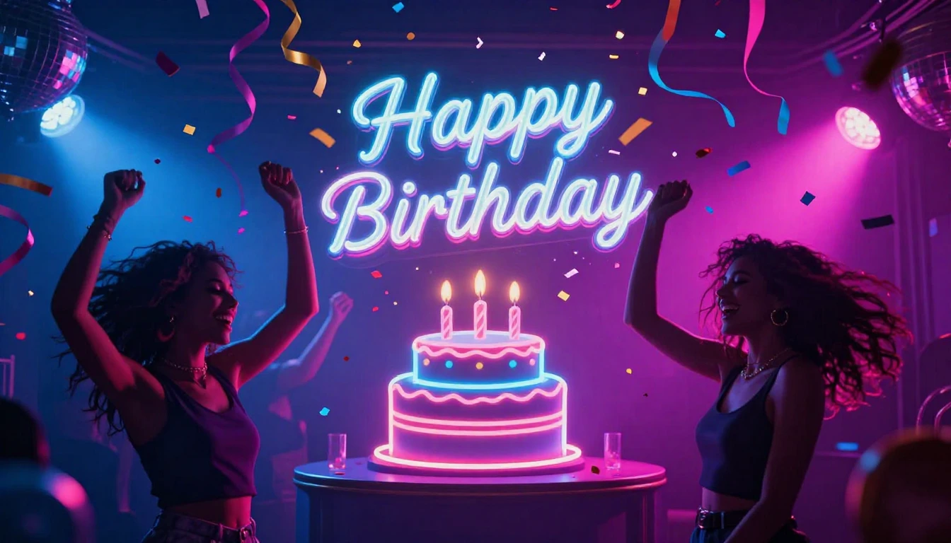 A vibrant and energetic party scene celebrating a birthday, ...