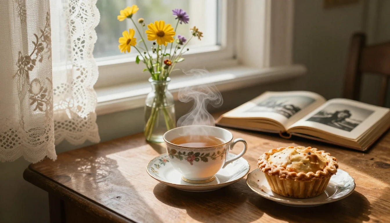 A close-up of a cozy wooden table near a window with lace cu...