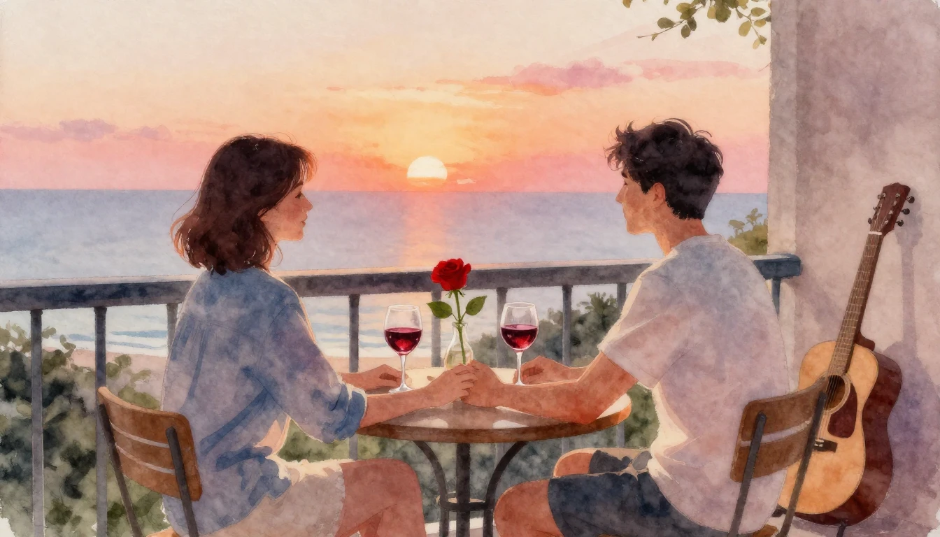 A soft and romantic watercolor painting of a couple sitting ...