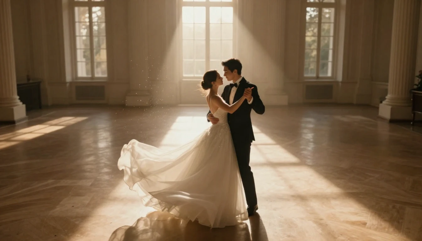 A cinematic, high-angle shot of a bride and groom dancing in...