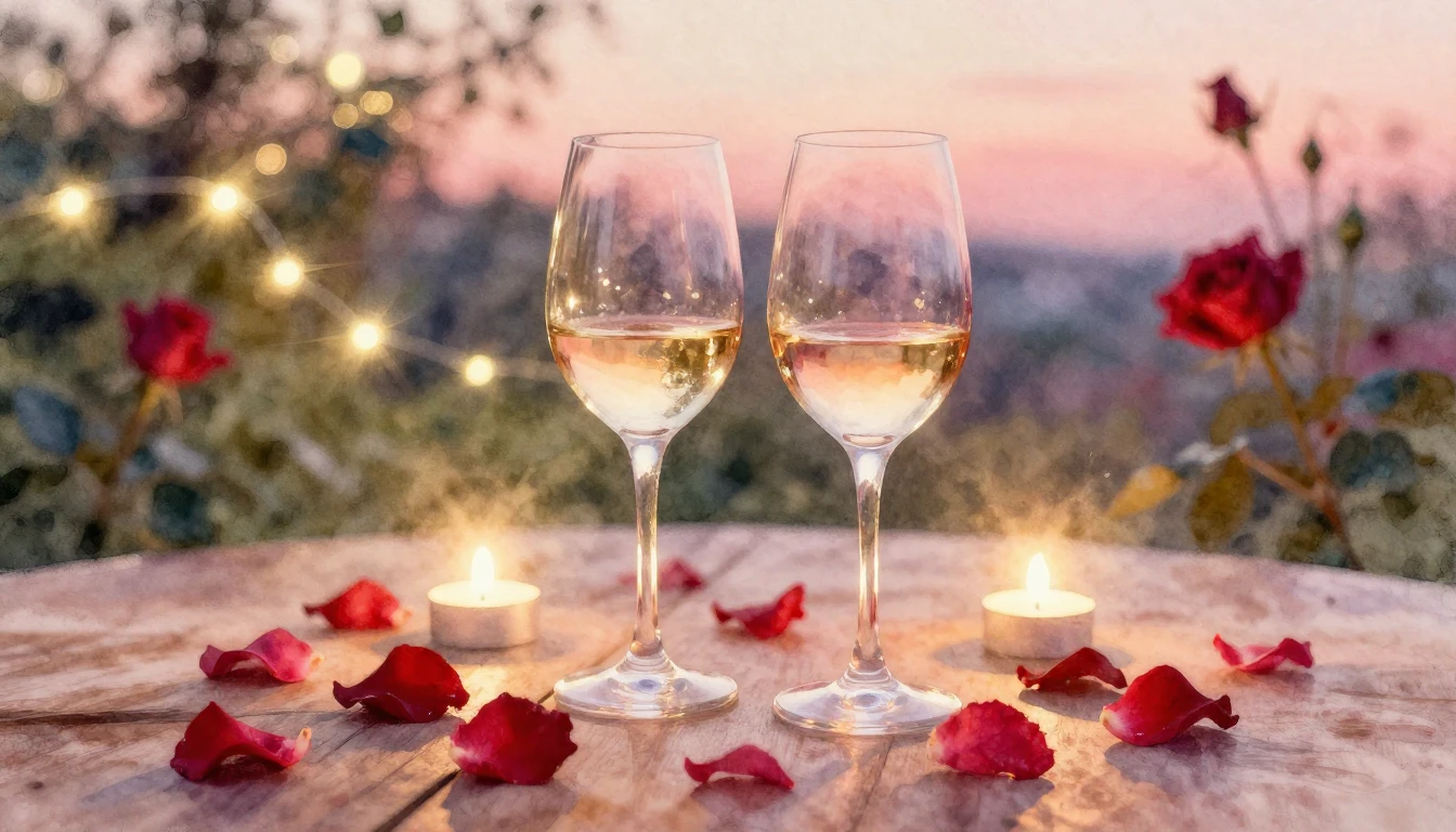 A soft watercolor painting of two elegant wine glasses sitti...