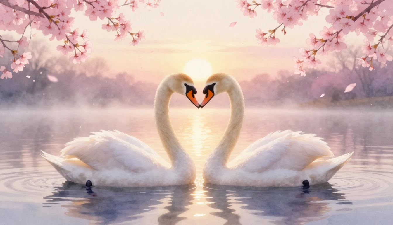 A soft and dreamy watercolor painting of two elegant swans f...