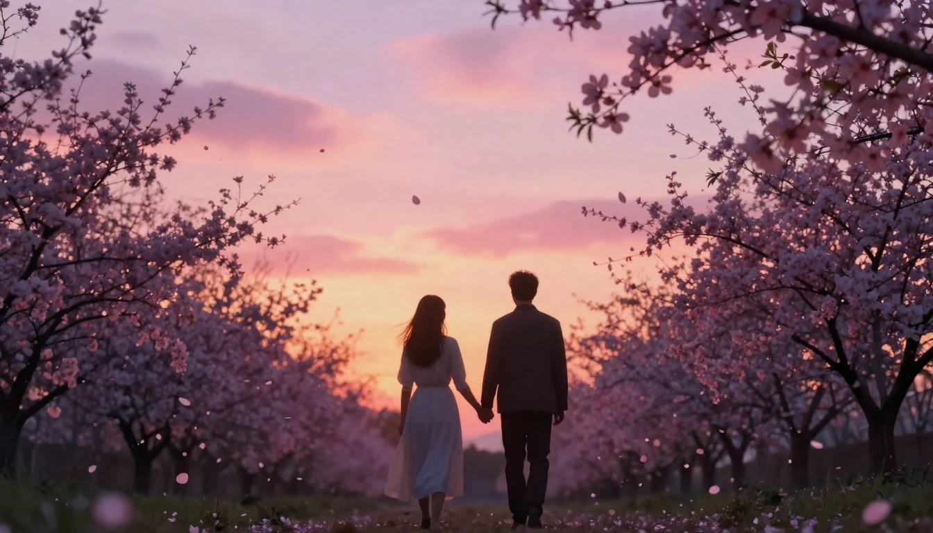 A beautiful and romantic scene featuring two silhouettes wal...