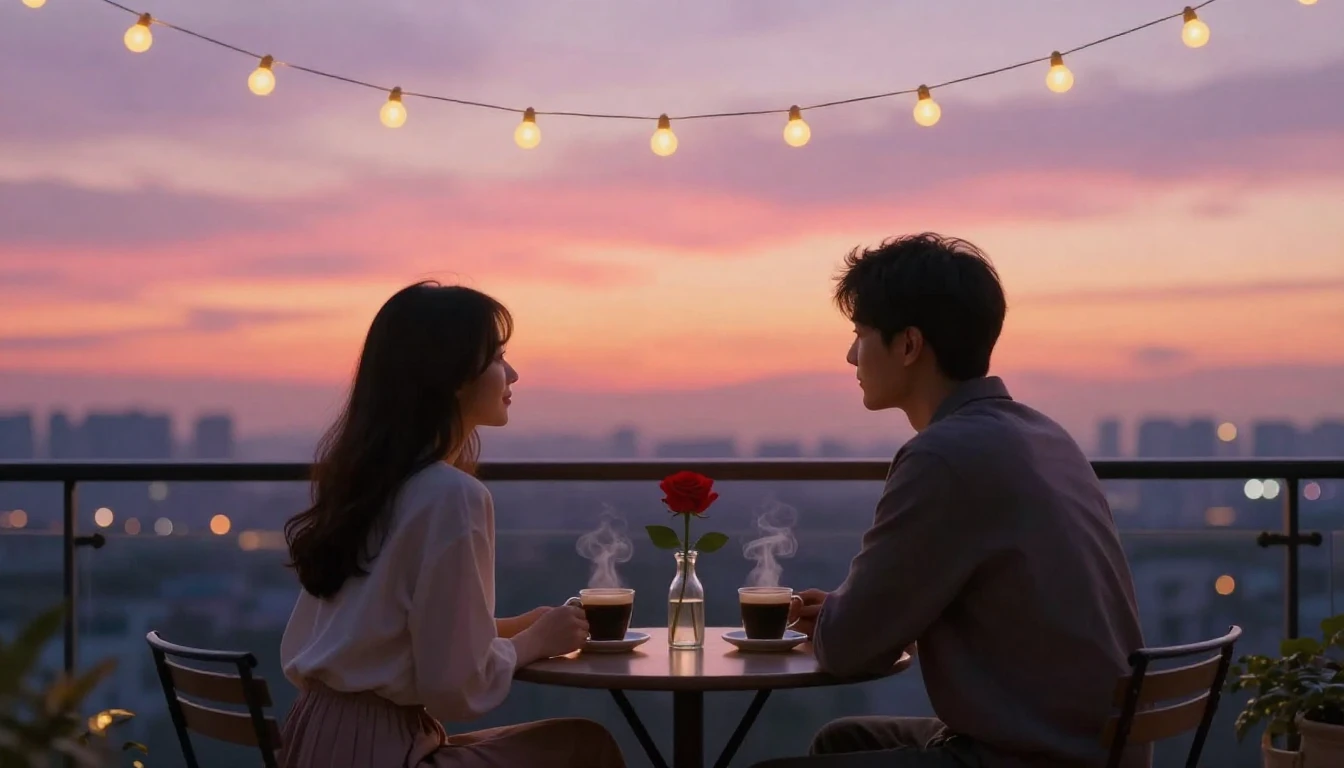 A romantic scene of a couple sitting at a small round table ...