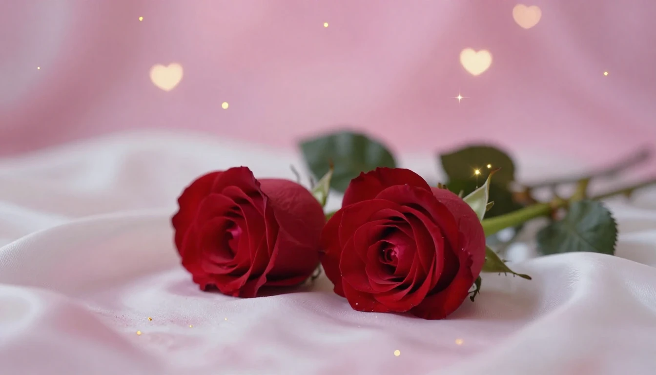 A romantic and ethereal scene featuring two delicate red ros...