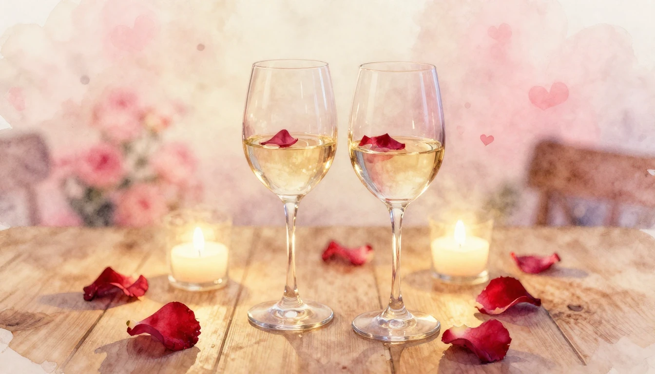 A soft watercolor painting of two elegant wine glasses sitti...