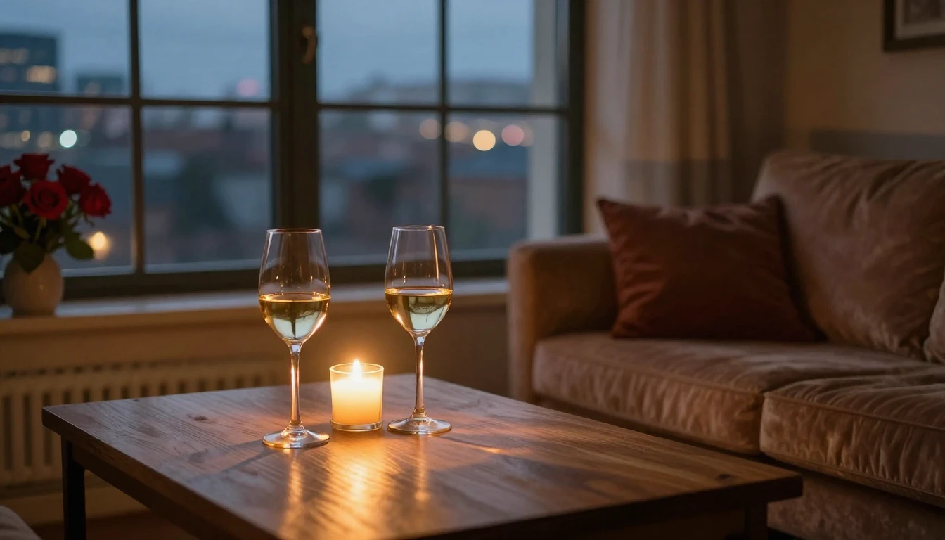 A cozy, dimly lit room with a large window overlooking a cit...