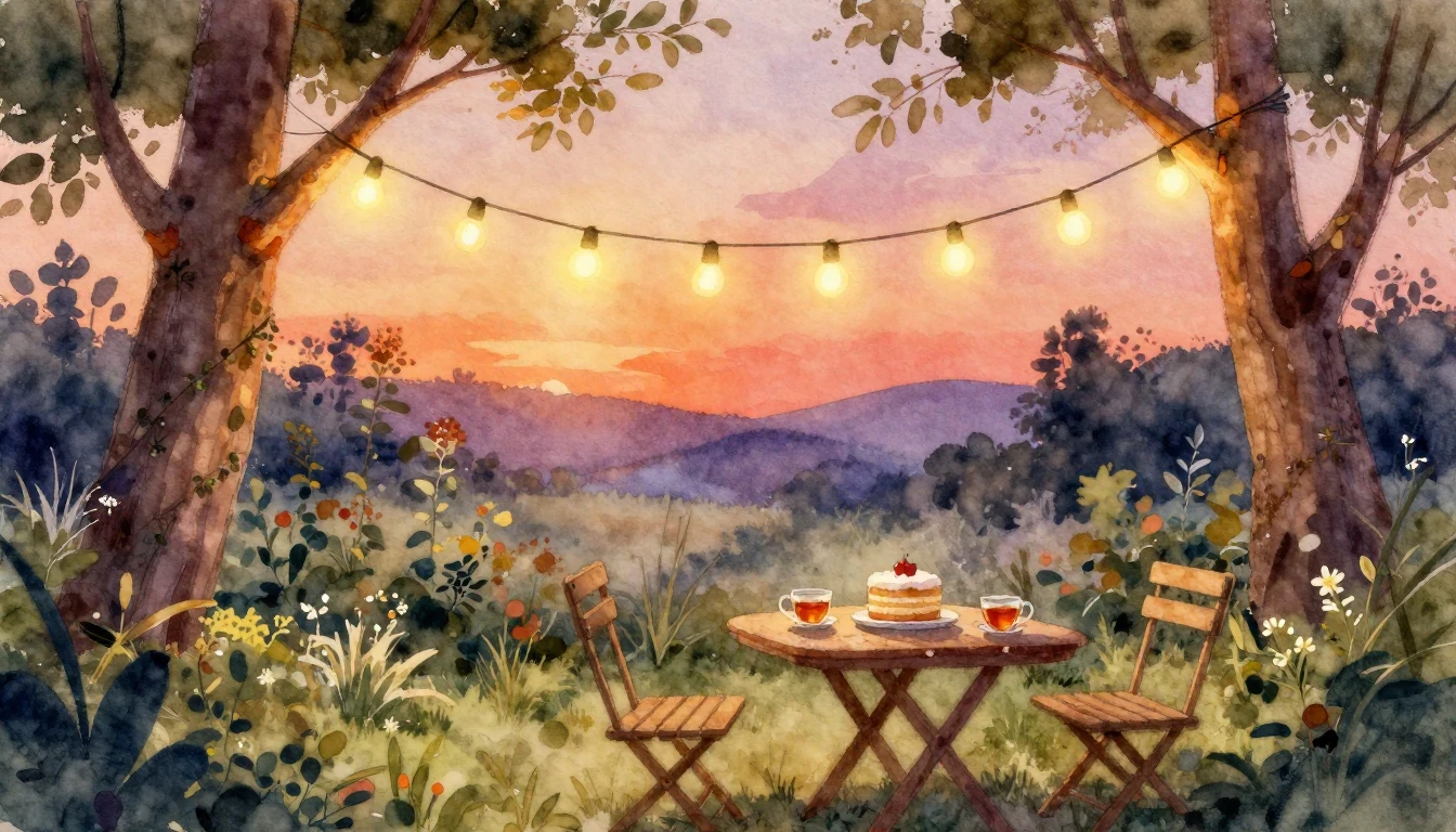 A soft watercolor painting of a cozy outdoor garden party at...