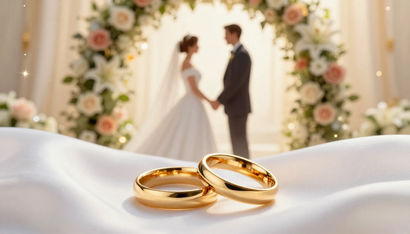 A romantic and celebratory composition featuring two golden ...