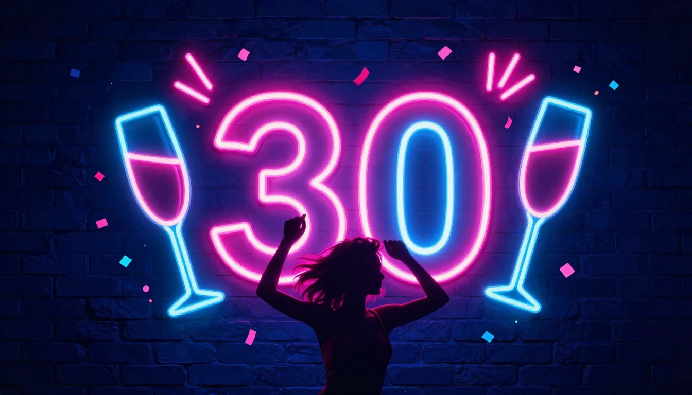 A dazzling neon-style album cover celebrating a 30th birthda...