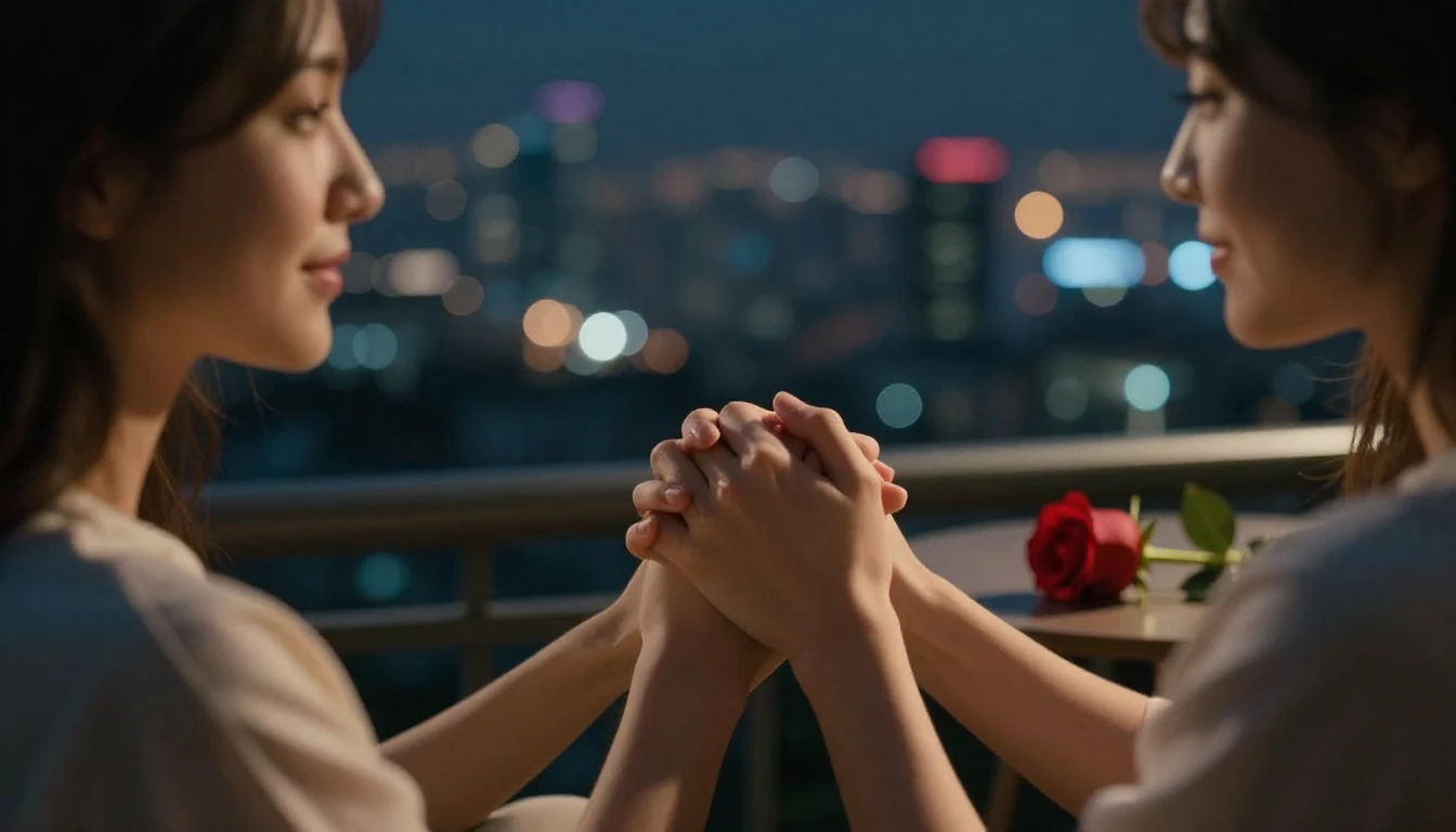 A cinematic close-up shot of a couple holding hands on a bal...
