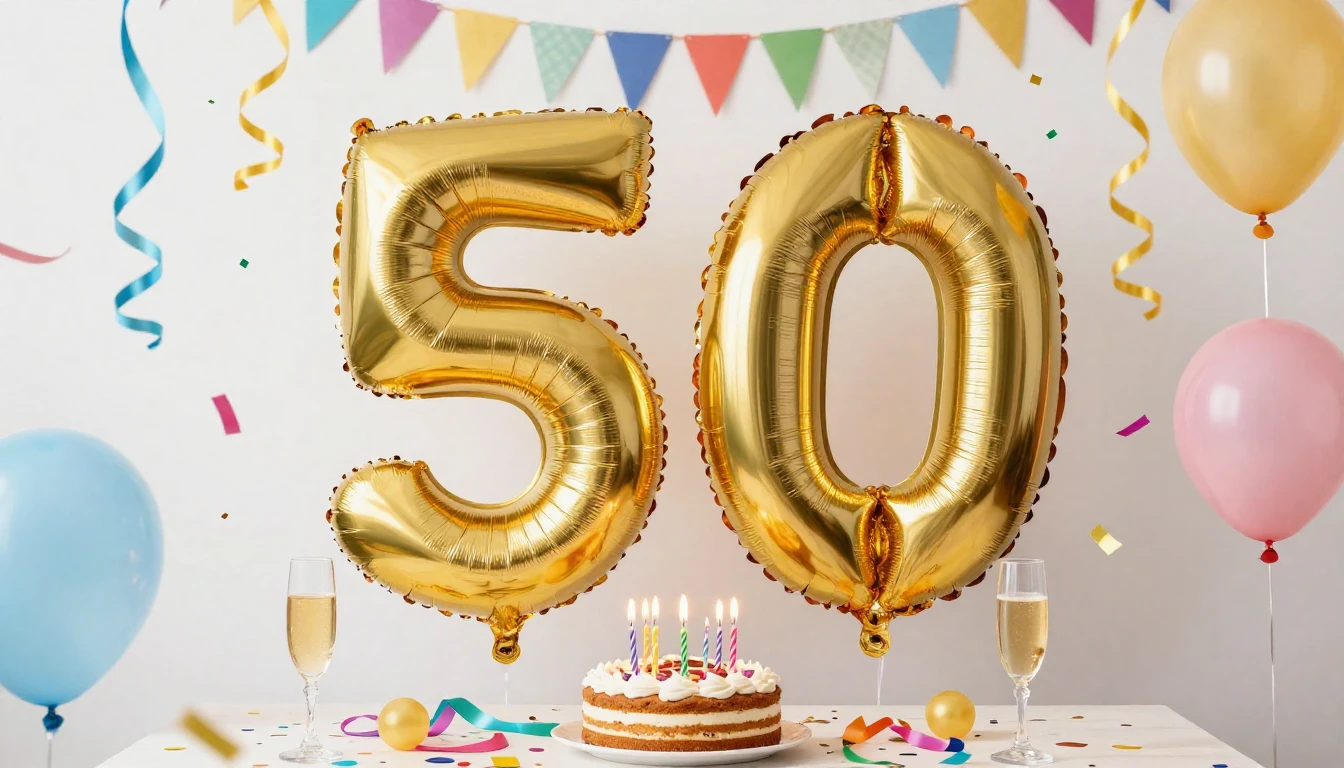 A vibrant and festive 50th birthday celebration scene, large...