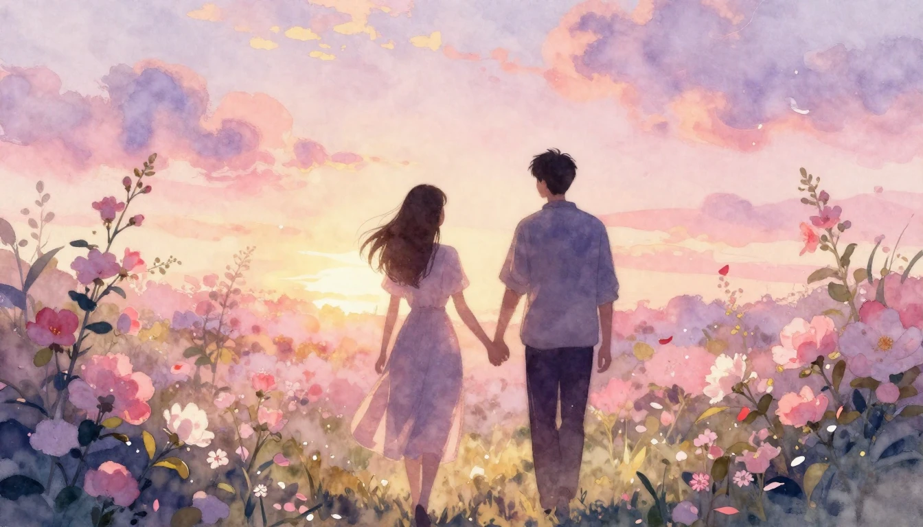 A beautiful watercolor painting of two silhouettes walking h...