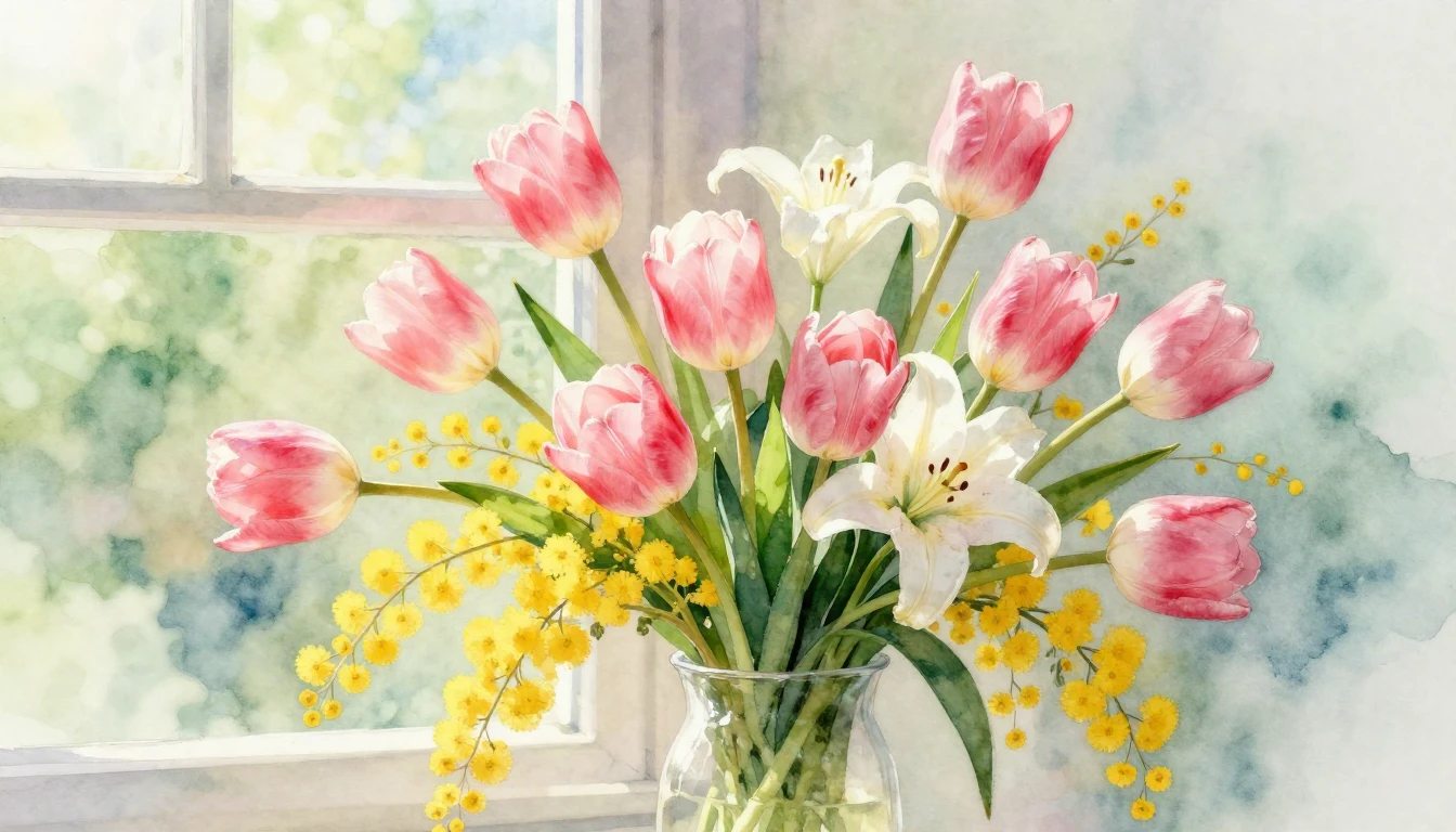 A vibrant and delicate watercolor painting of a lush spring ...