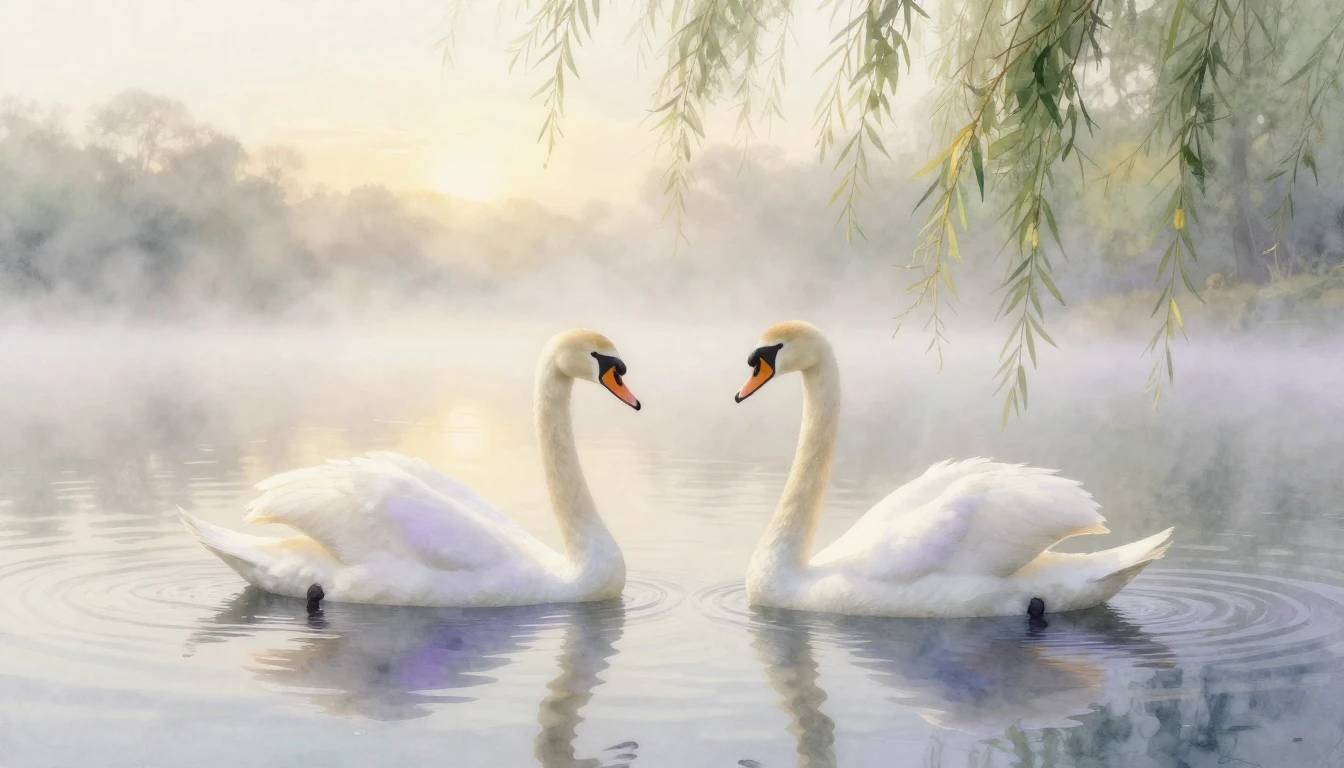 A soft and dreamy watercolor painting depicting two elegant ...